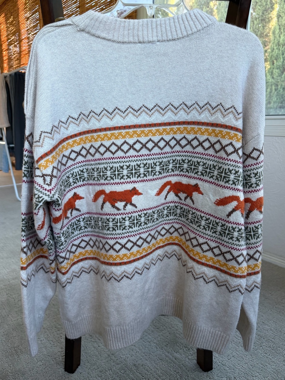 Talbots Fox Fair Isle Sweater XL Ivory Cotton Blend Shoulder Button Pullover - Picture 6 of 7